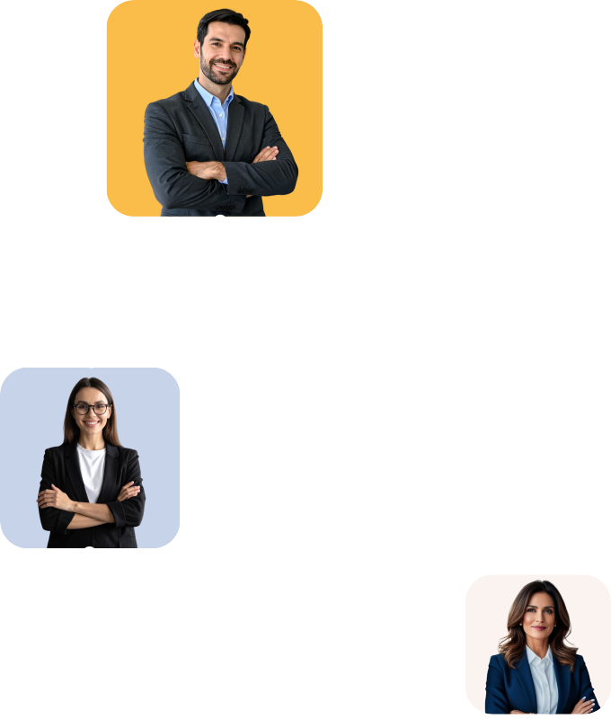 Vertical progression diagram with three portraits: smiling young man with dark hair on orange background at top, thoughtful young woman with long hair resting her head on hand on light blue background in the middle, and serious young woman with long dark hair and black clothing on white background at bottom right.